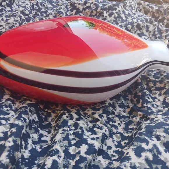 Murano Vase Red Orange Mid Century Side Black Dot Side Swirl Curved Lip 12 x 8